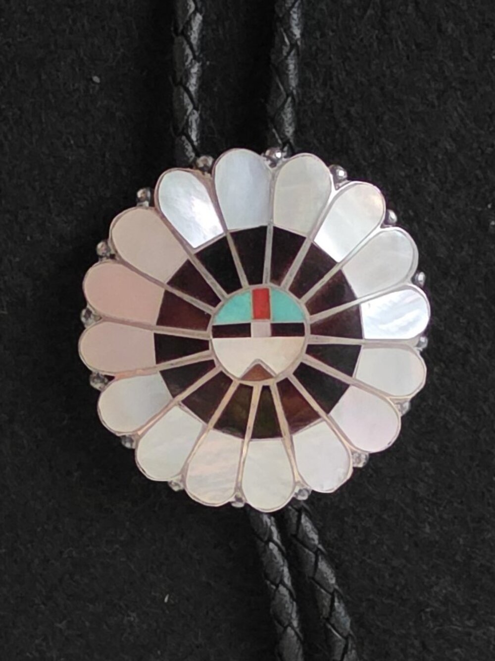 Vintage Zuni Sterling Silver Mother of Pearl Turquoise Coral Inlay Bolo Tie